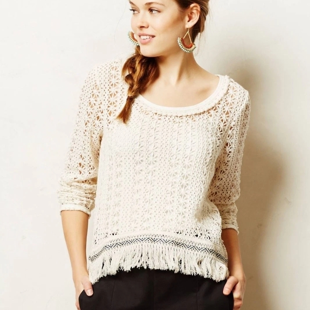 Anthropologie Akemi + Kin Open Weave Knit Crochet Fringe Boho Franja Pullover M